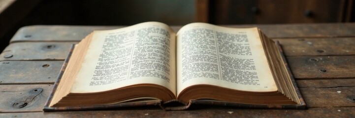 Fototapeta premium Weathered book pages scattered on old wooden table, desk, wood, books