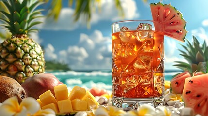 A stylish tumbler with an ice-cold fruit blend resting on a pastel-striped picnic setup with fresh pineapples and papayas in the warm tropical sun