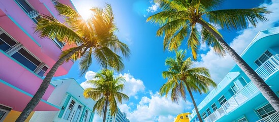 Miami Beach with pastel pink and blue buildings with palm trees