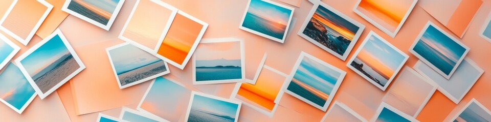 Fototapeta premium Seascape photos scattered on a peach background.