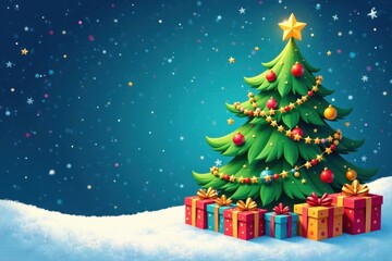 Whimsical cartoon Christmas tree filled with presents, balls, and garlands in a vibrant color palette, festive, christmas presents, holiday decorations