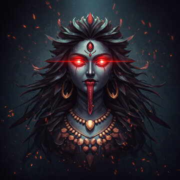 Kali Maa Face Close-Up Illustration, Intense Hindu Goddess Art