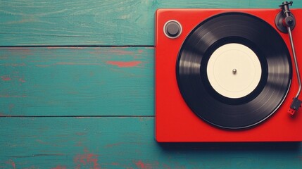 Retro Record Player with Vinyl on Colorful Wooden Surface
