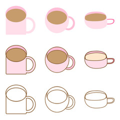 モカムース色の飲み物が入ったピンクのマグカップと線のみのマグカップ