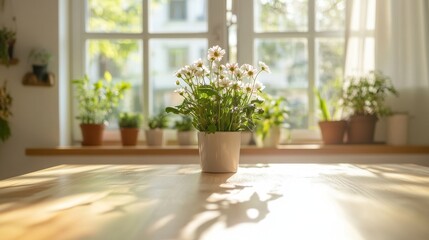 Fototapeta premium Fresh flowers in a sunny kitchen create a welcoming atmosphere during a bright morning