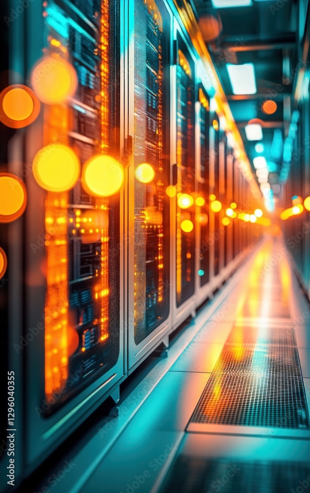 Fototapete Long row of high-performance servers in a data center showcasing advanced technology and network infrastructure