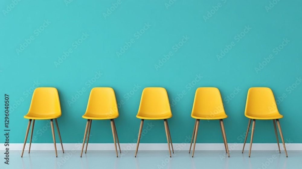 Poster row of three bright yellow chairs against a striking turquoise wall creating a bold and cheerful int