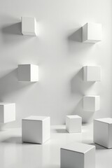 Obraz premium White cube boxes scattered on a neutral background with random shifts and empty space , space, white cube, minimalism