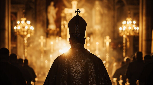 Silhouetted Catholic bishop wearing ornate mitre and embroidered vestments against golden cathedral light. Liturgical ceremony about abdication, succession, demise and death of the pope