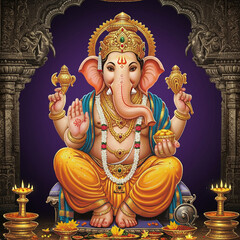 Fototapeta premium Lord Ganesha Sitting Illustration, Hindu God Art for Puja