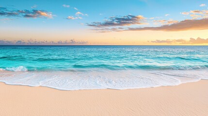 Fototapeta premium Tranquil shoreline at sunset with gentle waves lapping on soft sand and clear blue waters reflecting vibrant colors in the sky