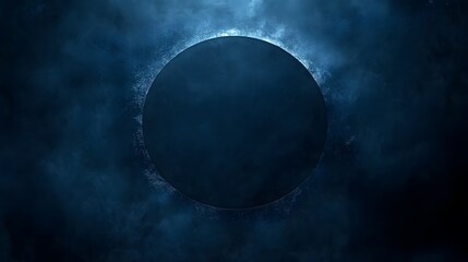 A dark blue circle appears surrounded by nebulous atmosphere and smoke