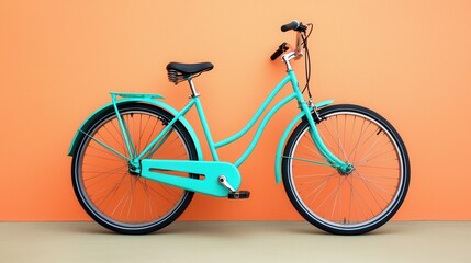 Fototapeta premium Vibrant Aqua Bicycle Against Bright Orange Wall in Minimalist Space