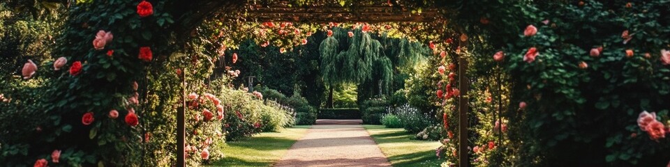 Fototapeta premium Romantic rose-covered arbor leads to a tranquil garden path.