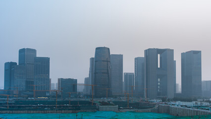 Fototapeta premium The haze and mist on a hazy day in the Lize Business District, Beijing, China