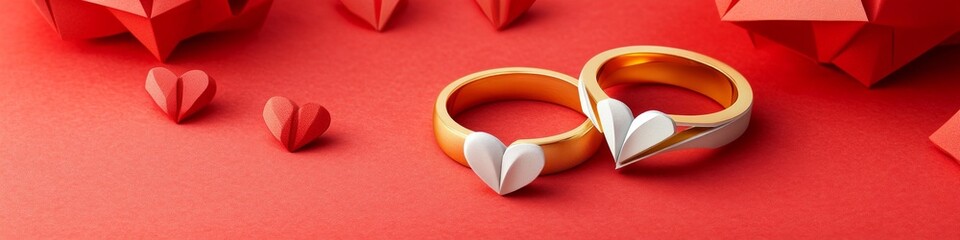 Two golden wedding rings with heart details rest on a red background among origami hearts.