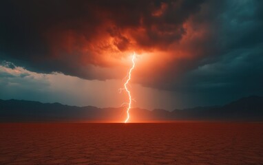 Obraz premium Dramatic Lightning Strike over Desert Landscape at Sunset Intense Orange Sky Epic Nature