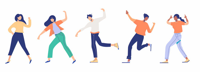 Flat illustration of multiple people dancing in different poses on a white background, vector style with flat colors and simple design.