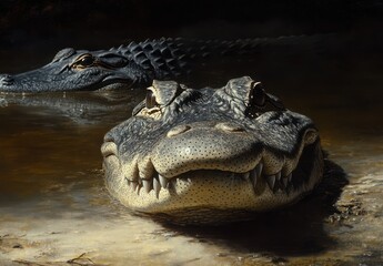 Obraz premium Detailed close-up of a crocodile featuring unique scales, sharp teeth, and reflective eyes in natural water setting with another crocodile in background