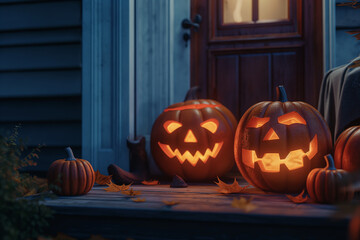 Obraz premium Residential Entrance Decorations Create Spooky Halloween At Night. Night scenes and a spooky atmosphere create a Halloween vibe