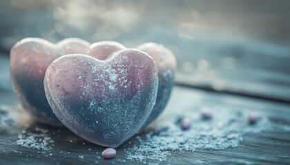 Frozen Hearts Resting On A Wooden Surface