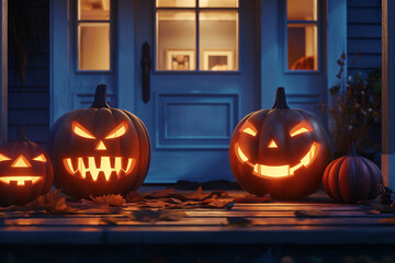 Obraz premium Residential Entrance Decorations Create Spooky Halloween At Night. Night scenes and a spooky atmosphere create a Halloween vibe