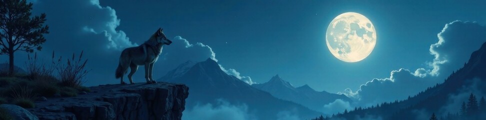 Wolf standing alone at the edge of a cliff, looking out into the distance under a bright full moon, landscape, night scene, full moon