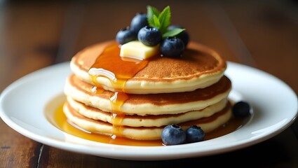 photograph of a single stack of fluffy pancakes served on a clean white plate