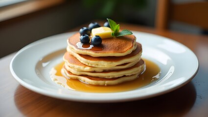 photograph of a single stack of fluffy pancakes served on a clean white plate