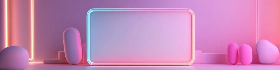 Pastel pink and blue neon lights illuminate a blank rectangle in a minimalist 3D render.