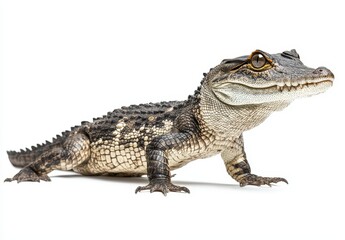 Naklejka premium Detailed Close-Up of a Crocodile on White Background, Showcasing Scales, Eyes, and Body Structure in Natural Pose for Educational Purposes