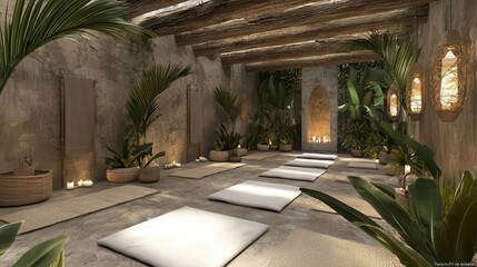 Serene Indoor Yoga Studio with Tropical Plants and Candles
