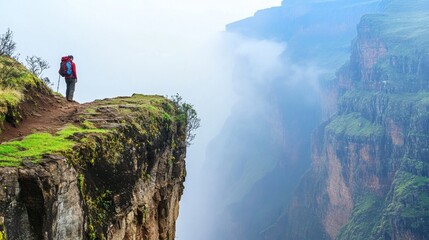 Stunning view of a hiker standing at the edge of a misty mountain cliff in a breathtaking landscape
