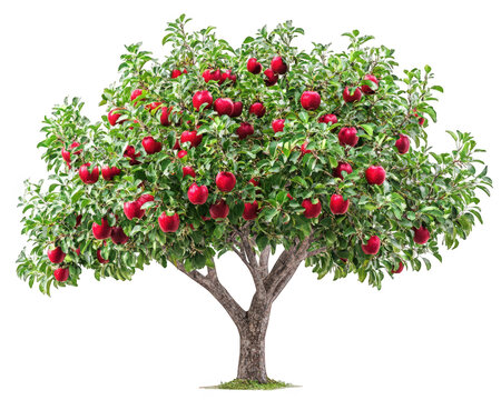 Apple tree with ripe red apples, lush green leaves, and sturdy trunk, symbolizing abundance and nature beauty