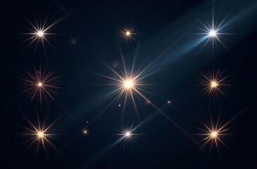 Set of various spotlight white, light effects, glowing rays, on dark background.