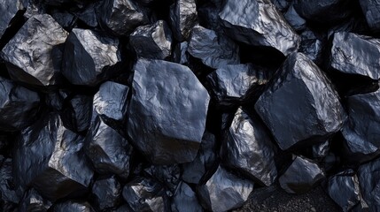 Close-up of raw black coal rocks with a rough texture and reflective surface, symbolizing energy and natural resources