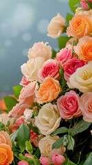 Beautiful arrangement of soft pastel roses in various colors creating a stunning floral display with gentle bokeh background for serene atmosphere