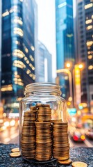 Coins in jar against city skyline; saving money; financial concept; possible use for financial advice articles
