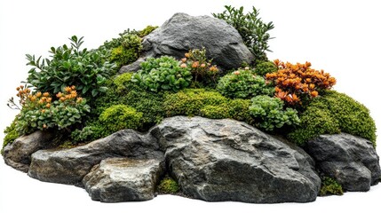 Natural Rock and Stone Landscape with Foliage: Organic Gardening in a Japanese Rural Ecosystem for Sustainable Visual Interest, cutout, isolated background