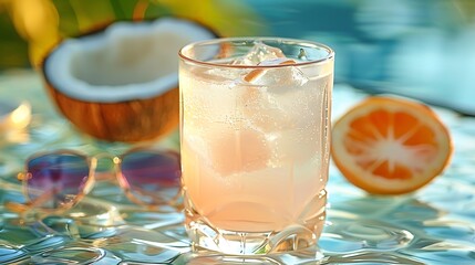 A stylish tumbler with a refreshing citrus drink resting beside a pair of sunglasses and a coconut on a pastel-striped picnic spread by the shore