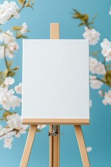 Blank canvas on a wooden easel, springtime blossoms in the background.