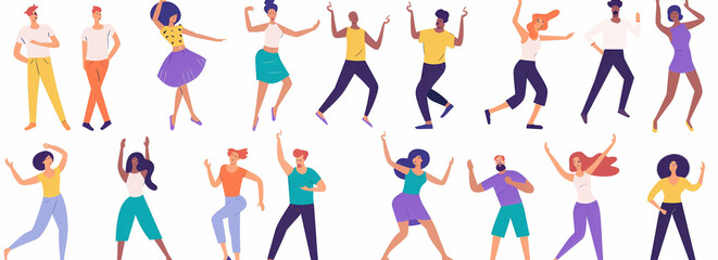 Minimalist UI illustration of multiple people dancing in different poses on a white background, flat vector icons for web design