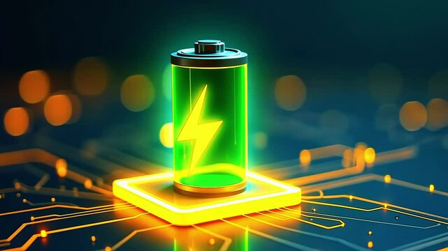 Futuristic glowing battery icon on a circuit board, symbolizing energy and technology advancements