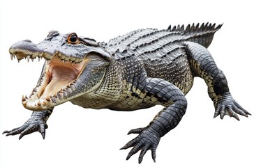 Detailed Close-Up of a Large Alligator with an Open Mouth on a White Background, Showcasing Textures and Features of Reptilian Skin
