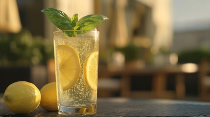 Refreshing lemon basil drink served in a glass on a sunny terrace with lemons in the foreground
