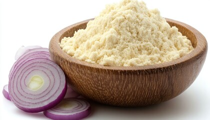 Almond Flour in Wooden Bowl with Red Onion Slices