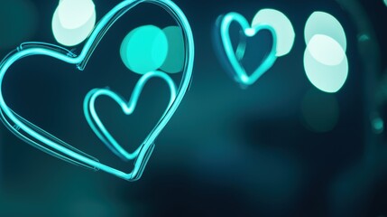 Neon background for Valentine's Day, outlines of blue and turquoise hearts, dark blue background