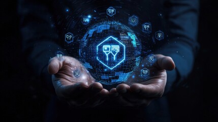 Hands holding a glowing digital globe with cybersecurity symbols representing data protection and technological advancement in a dark background