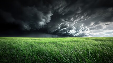 A vast open field with a line of dark storm clouds moving in rapidly, casting a shadow over the landscape, creating a sense of impending change and drama.
