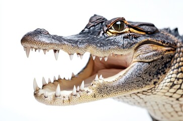 Fototapeta premium Detailed Close-Up of a Realistic Alligator Head Showing Sharp Teeth and Expressive Eye Against a Clean White Background